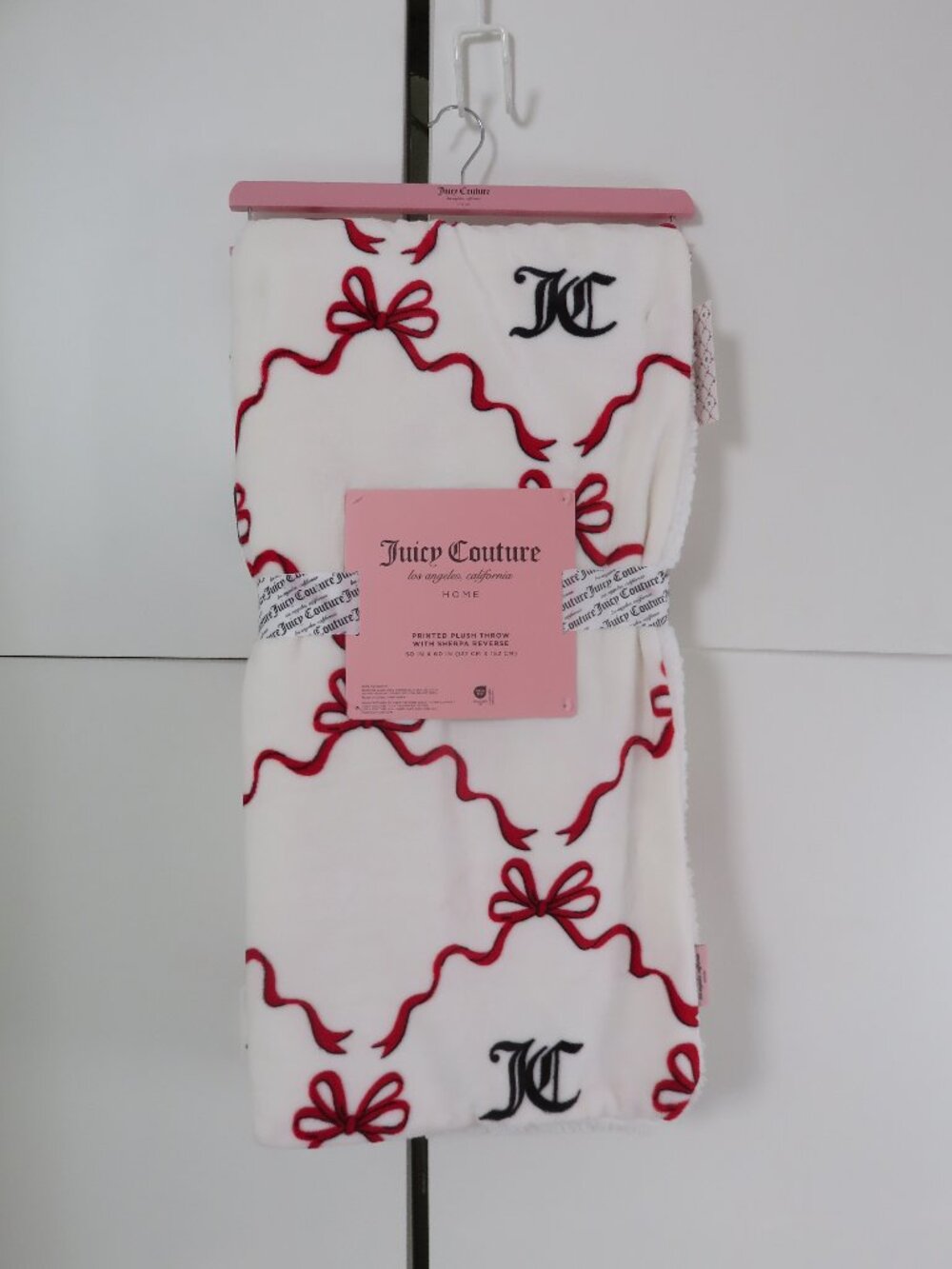 Juicy Couture Red & White Bow Plush Printed Throw Blanket 50" x 60" in